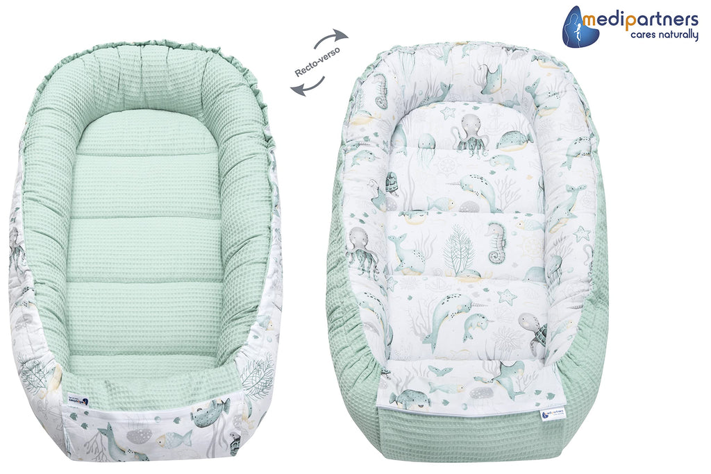 Medi Partners Reducteur de Lit Bebe - Réducteur Bébé 100x60x15cm Cocon et Naissance couffin Nid d'ange 100% Coton Gaufre (Glade avec Gaufre Grise)