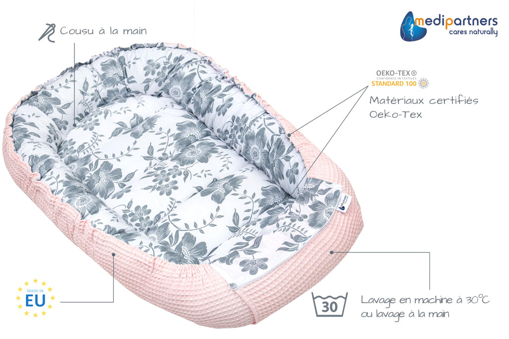 Medi Partners Reducteur de Lit Bebe - Réducteur Bébé 100x60x15cm Cocon et Naissance couffin Nid d'ange 100% Coton Gaufre (Glade avec Gaufre Grise)