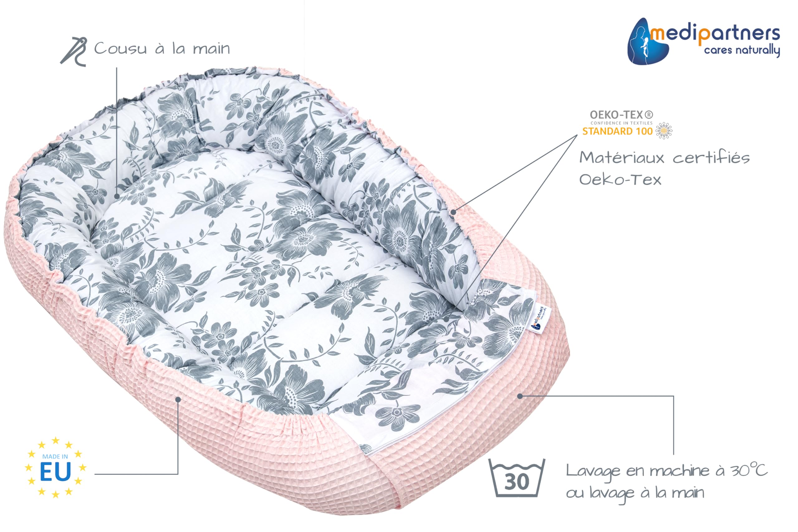 Medi Partners Reducteur de Lit Bebe - Réducteur Bébé 100x60x15cm Cocon et Naissance couffin Nid d'ange 100% Coton Gaufre (Glade avec Gaufre Grise)