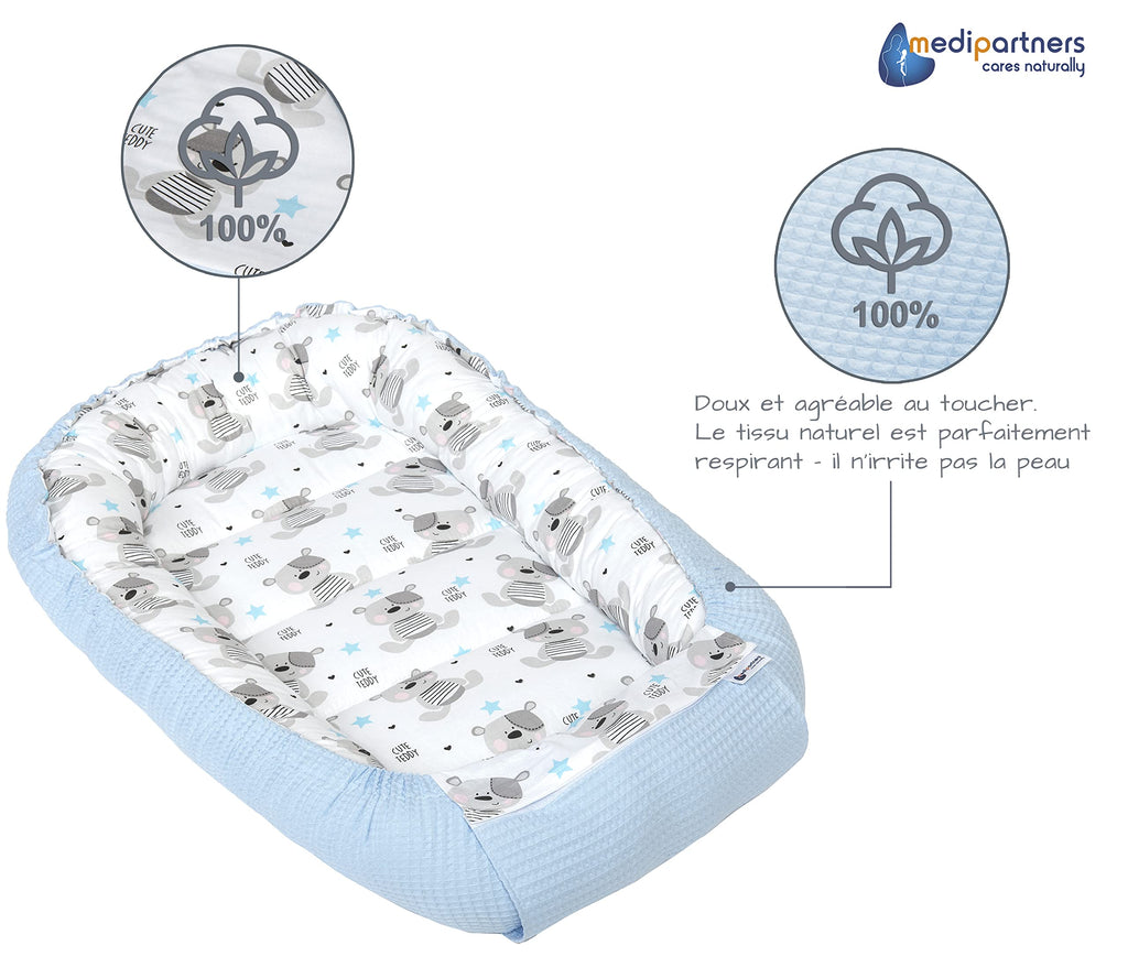 Medi Partners Reducteur de Lit Bebe - Réducteur Bébé 100x60x15cm Cocon et Naissance couffin Nid d'ange 100% Coton Gaufre (Glade avec Gaufre Grise)