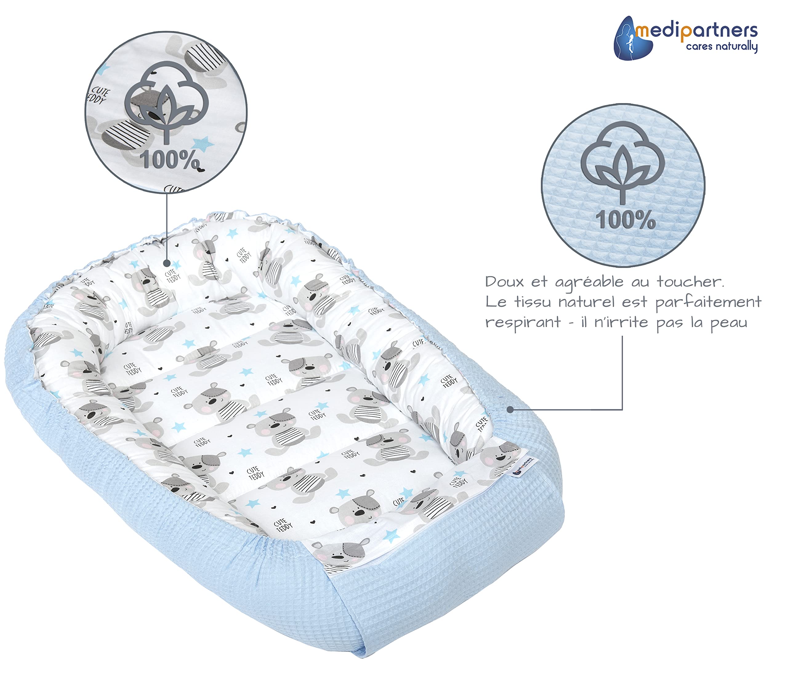 Medi Partners Reducteur de Lit Bebe - Réducteur Bébé 100x60x15cm Cocon et Naissance couffin Nid d'ange 100% Coton Gaufre (Glade avec Gaufre Grise)