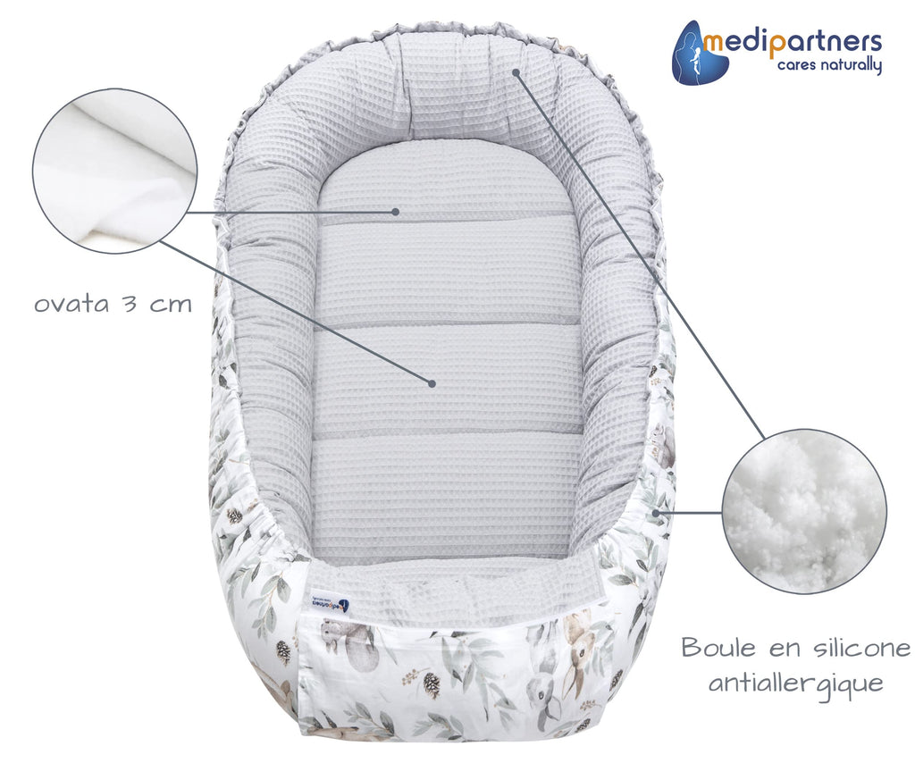 Medi Partners Reducteur de Lit Bebe - Réducteur Bébé 100x60x15cm Cocon et Naissance couffin Nid d'ange 100% Coton Gaufre (Glade avec Gaufre Grise)