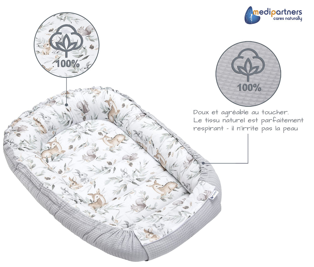Medi Partners Reducteur de Lit Bebe - Réducteur Bébé 100x60x15cm Cocon et Naissance couffin Nid d'ange 100% Coton Gaufre (Glade avec Gaufre Grise)