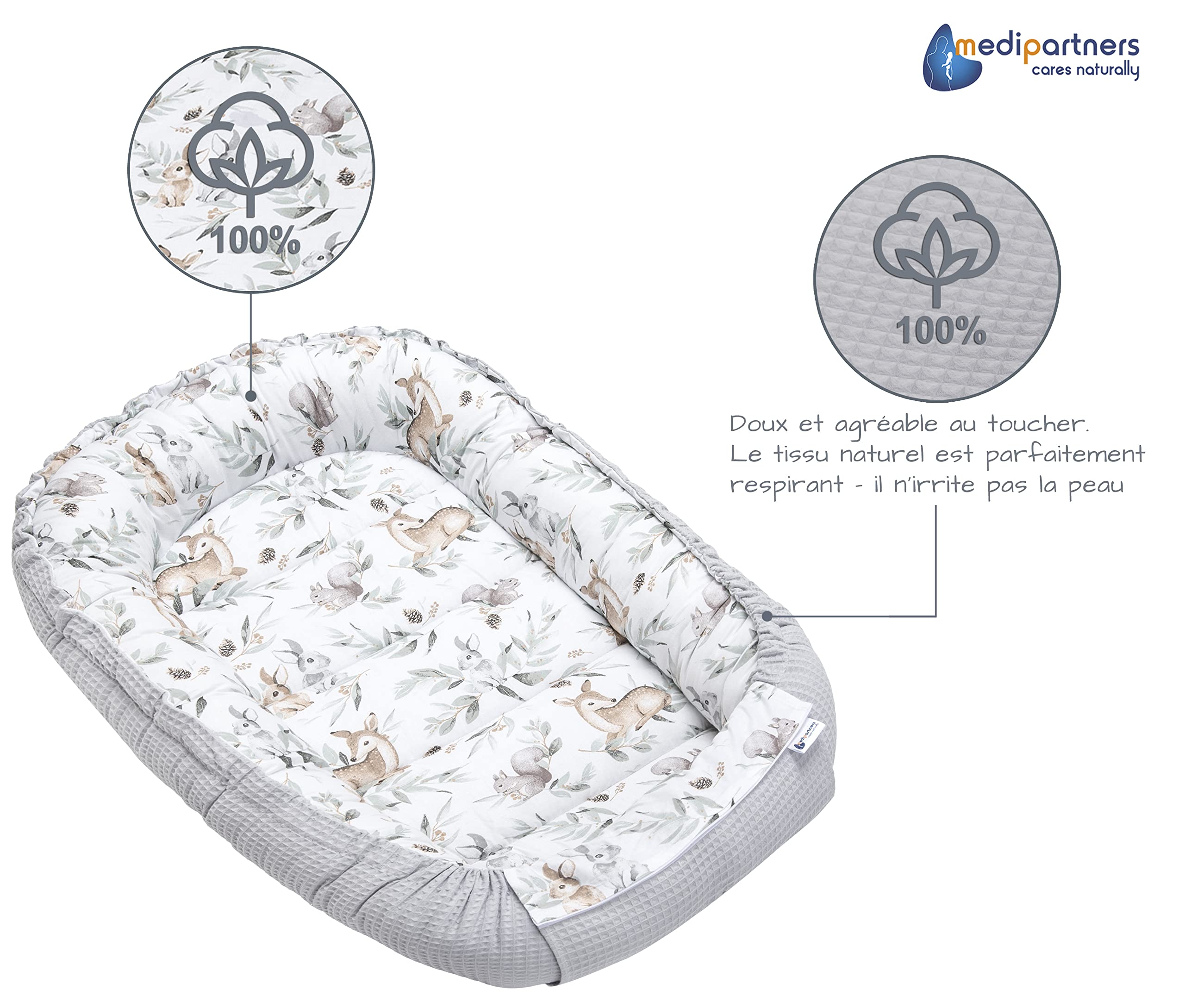 Medi Partners Reducteur de Lit Bebe - Réducteur Bébé 100x60x15cm Cocon et Naissance couffin Nid d'ange 100% Coton Gaufre (Glade avec Gaufre Grise)