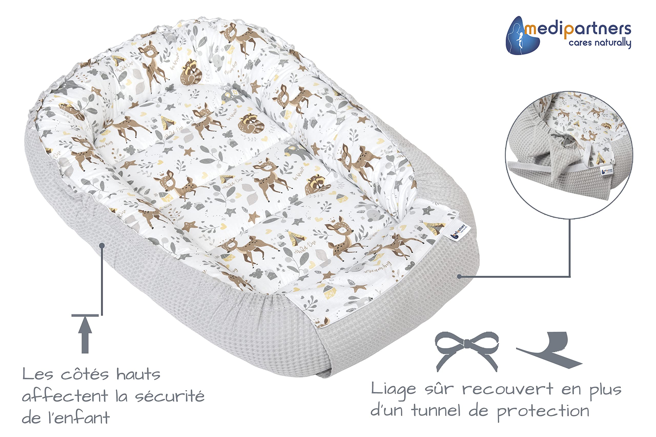 Medi Partners Reducteur de Lit Bebe - Réducteur Bébé 100x60x15cm Cocon et Naissance couffin Nid d'ange 100% Coton Gaufre (Glade avec Gaufre Grise)