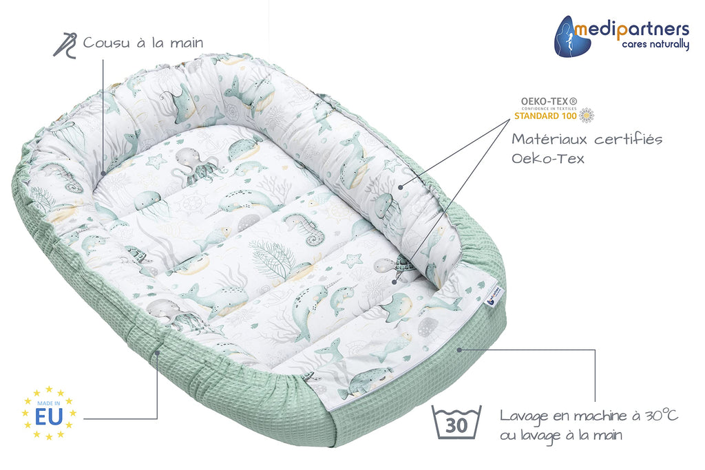 Medi Partners Reducteur de Lit Bebe - Réducteur Bébé 100x60x15cm Cocon et Naissance couffin Nid d'ange 100% Coton Gaufre (Glade avec Gaufre Grise)