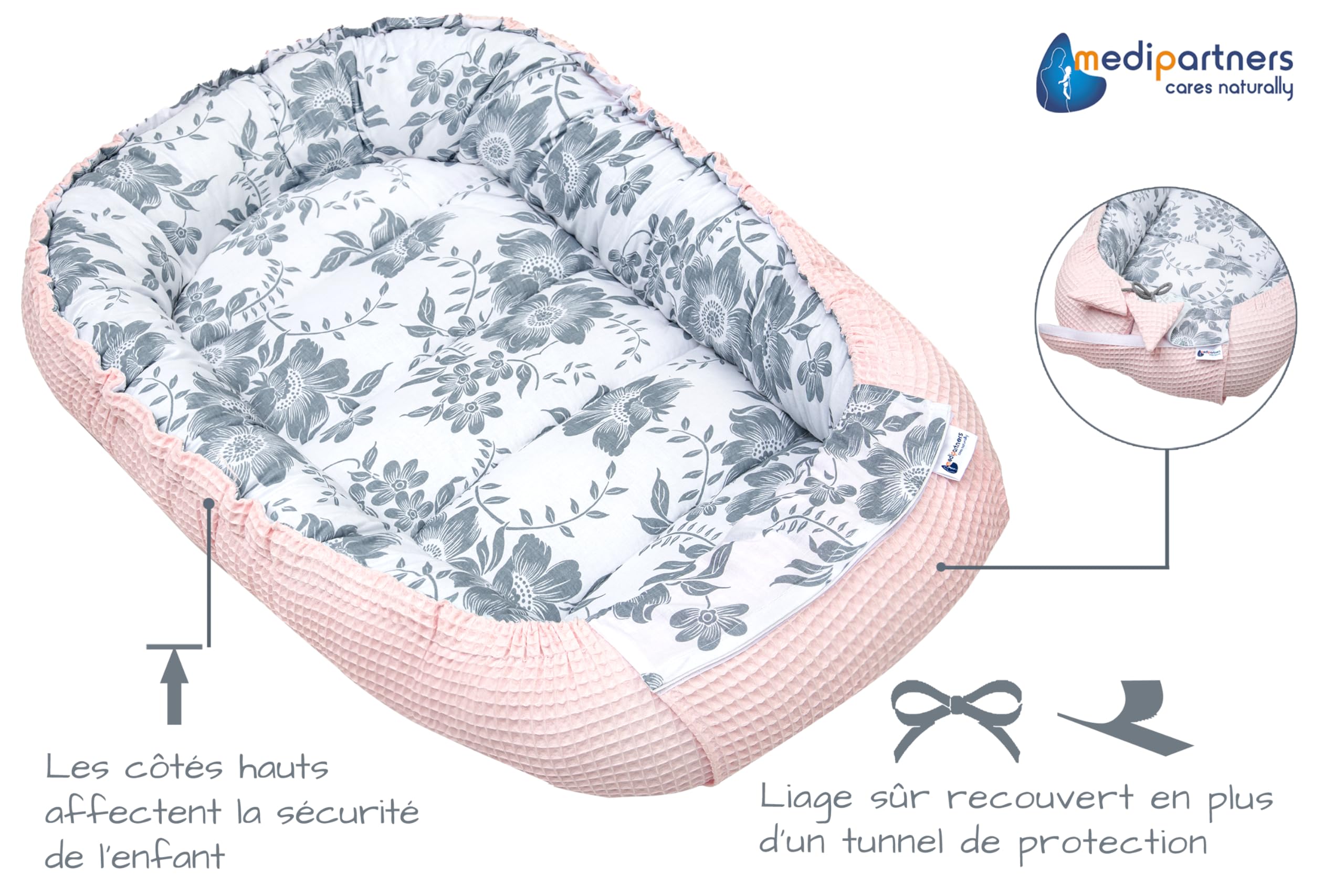 Medi Partners Reducteur de Lit Bebe - Réducteur Bébé 100x60x15cm Cocon et Naissance couffin Nid d'ange 100% Coton Gaufre (Glade avec Gaufre Grise)