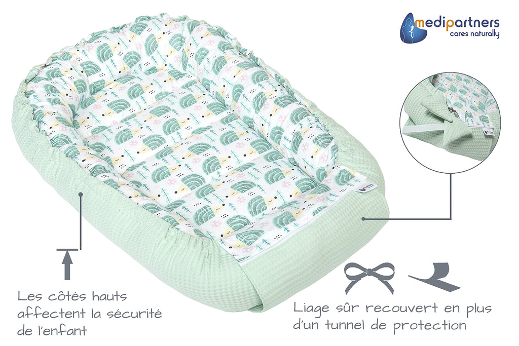 Medi Partners Reducteur de Lit Bebe - Réducteur Bébé 100x60x15cm Cocon et Naissance couffin Nid d'ange 100% Coton Gaufre (Glade avec Gaufre Grise)