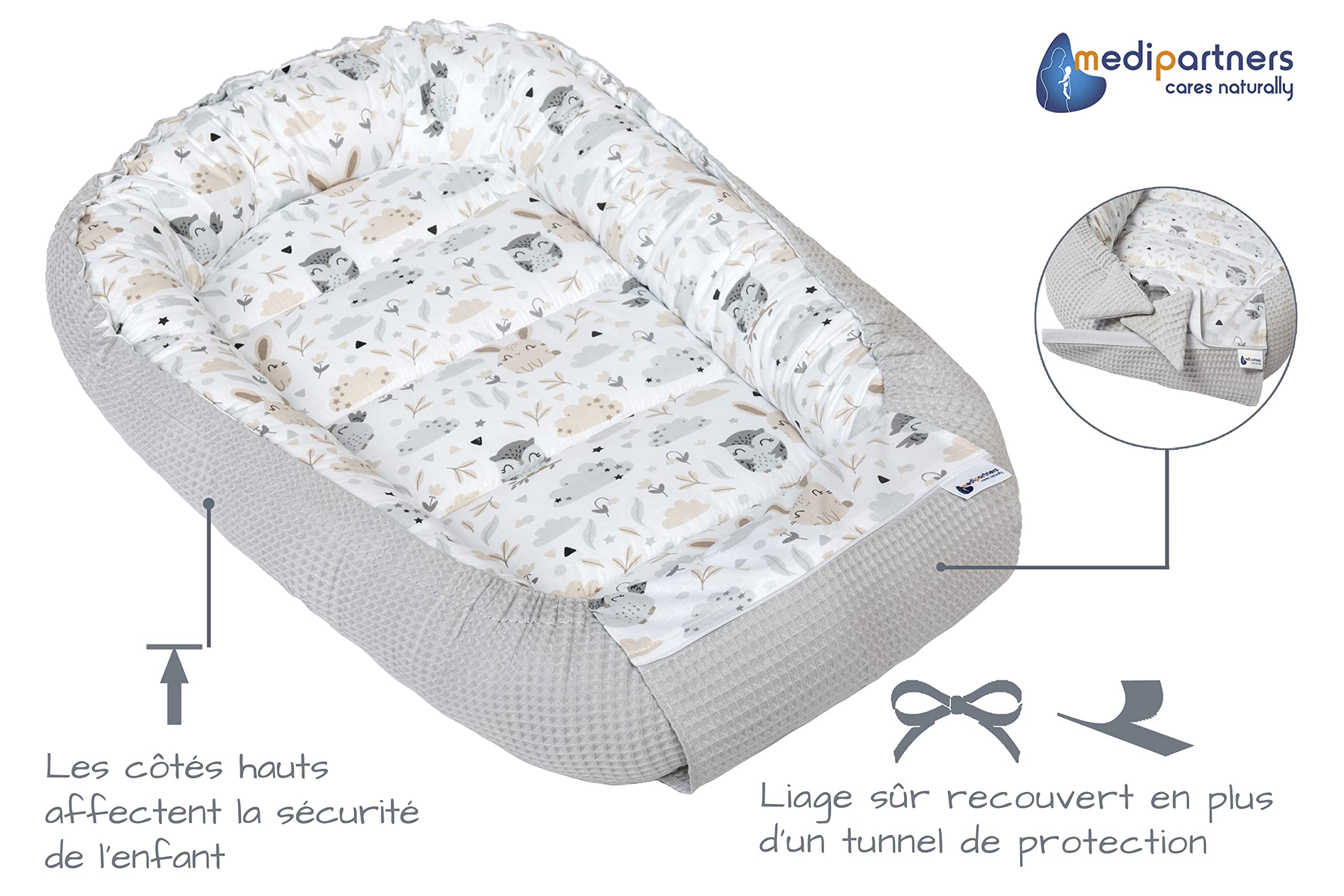 Medi Partners Reducteur de Lit Bebe - Réducteur Bébé 100x60x15cm Cocon et Naissance couffin Nid d'ange 100% Coton Gaufre (Glade avec Gaufre Grise)