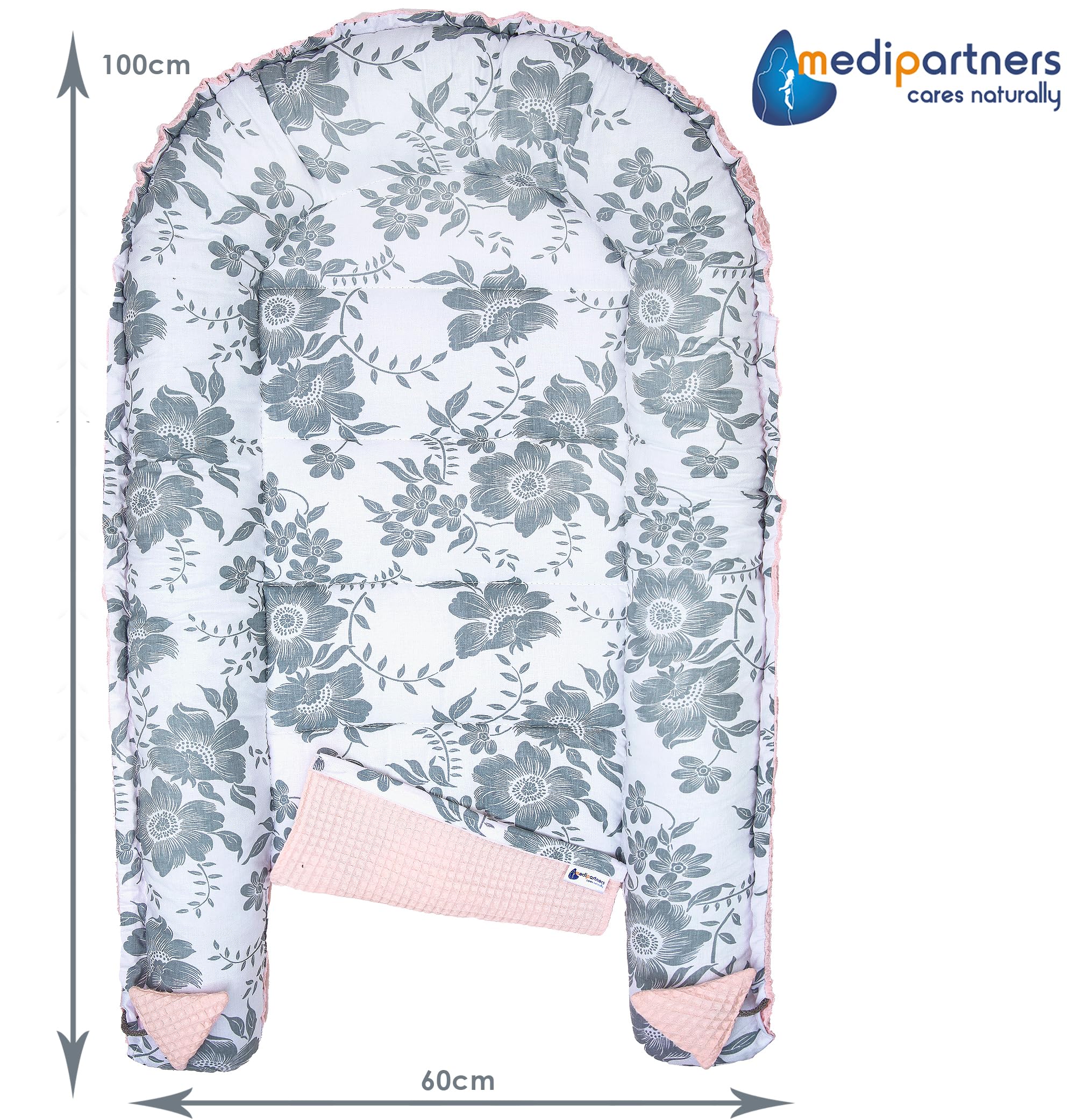 Medi Partners Reducteur de Lit Bebe - Réducteur Bébé 100x60x15cm Cocon et Naissance couffin Nid d'ange 100% Coton Gaufre (Glade avec Gaufre Grise)